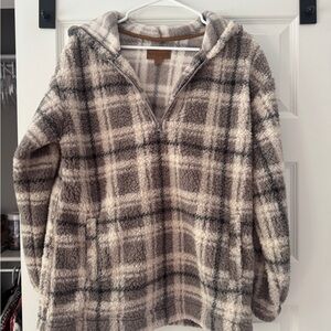 Plaid Fleece Women's Sweater - Gray and Cream
